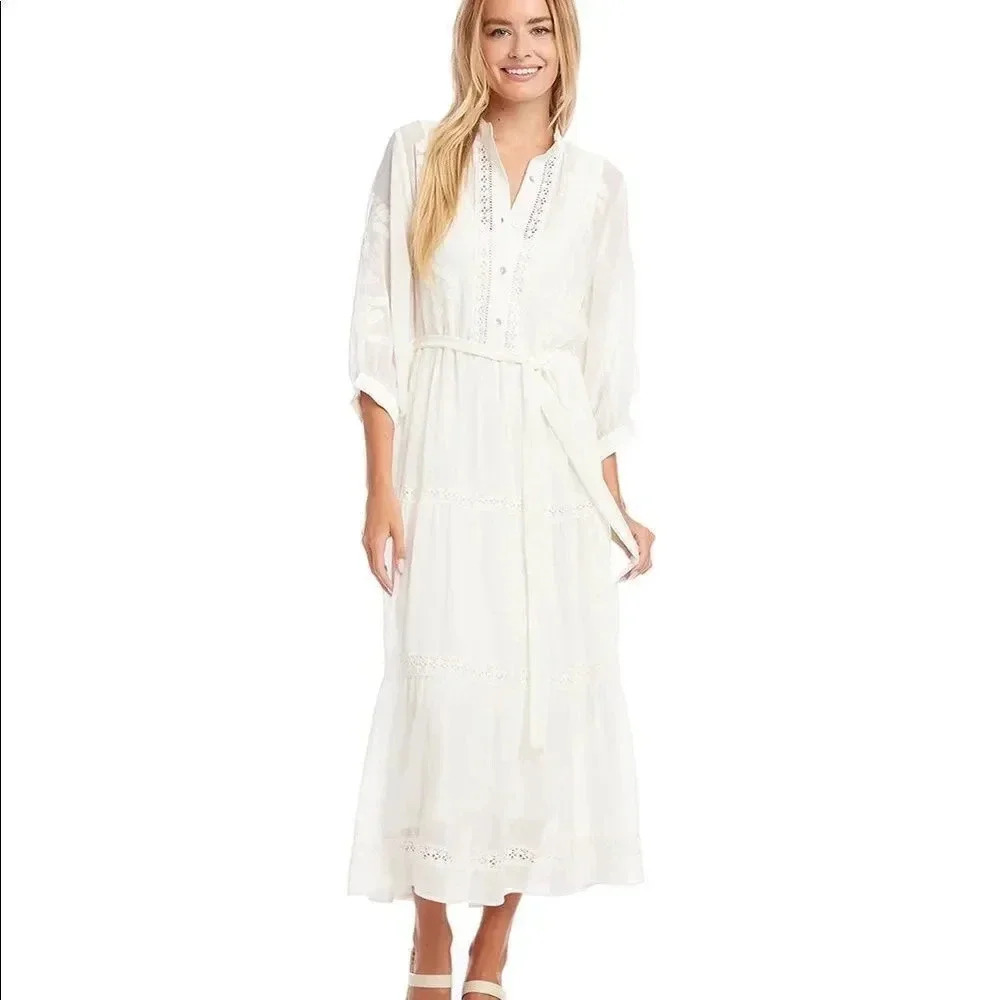 NWT Karen Kane Off-White Embroidered Tiered Dress, M 